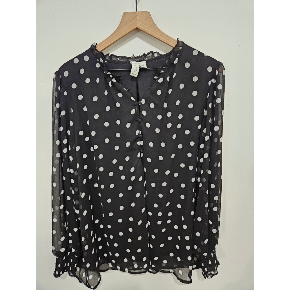Joie Black White Polka Dot Ruffle Neck Smocked Cuff Blouse 1X CHU86298NN